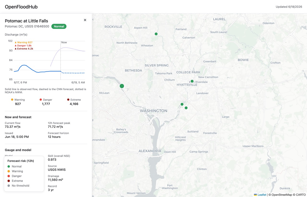 OpenFloodHub DC flood forecast map